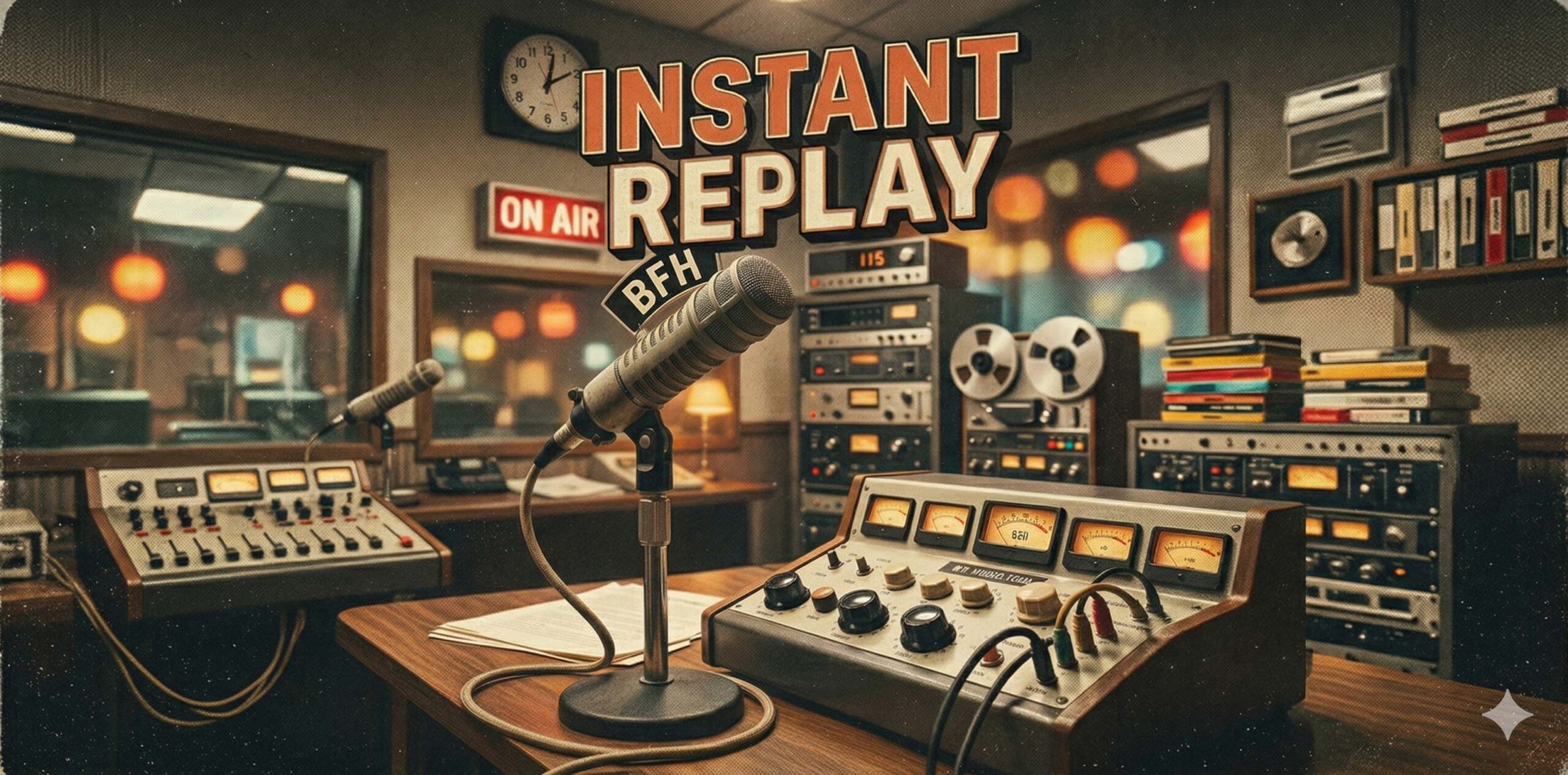 An image of a 1960s-area radio station with lots of equipment and a microphone in the foreground, and the words "Instant Replay" at the top of the image.